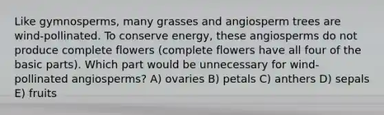 Like gymnosperms, many grasses and angiosperm trees are wind-pollinated. To conserve energy, these angiosperms do not produce complete flowers (complete flowers have all four of the basic parts). Which part would be unnecessary for wind-pollinated angiosperms? A) ovaries B) petals C) anthers D) sepals E) fruits