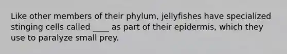 Like other members of their phylum, jellyfishes have specialized stinging cells called ____ as part of their epidermis, which they use to paralyze small prey.