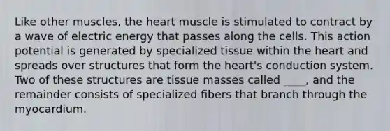 Like other muscles, <a href='https://www.questionai.com/knowledge/kya8ocqc6o-the-heart' class='anchor-knowledge'>the heart</a> muscle is stimulated to contract by a wave of electric energy that passes along the cells. This action potential is generated by specialized tissue within the heart and spreads over structures that form the heart's conduction system. Two of these structures are tissue masses called ____, and the remainder consists of specialized fibers that branch through the myocardium.