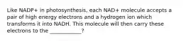 Like NADP+ in photosynthesis, each NAD+ molecule accepts a pair of high energy electrons and a hydrogen ion which transforms it into NADH. This molecule will then carry these electrons to the ____________?