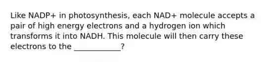 Like NADP+ in photosynthesis, each NAD+ molecule accepts a pair of high energy electrons and a hydrogen ion which transforms it into NADH. This molecule will then carry these electrons to the ____________?