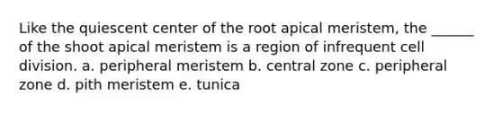 Like the quiescent center of the root apical meristem, the ______ of the shoot apical meristem is a region of infrequent <a href='https://www.questionai.com/knowledge/kjHVAH8Me4-cell-division' class='anchor-knowledge'>cell division</a>. a. peripheral meristem b. central zone c. peripheral zone d. pith meristem e. tunica