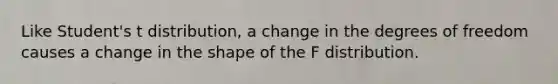 Like Student's t distribution, a change in the degrees of freedom causes a change in the shape of the F distribution.