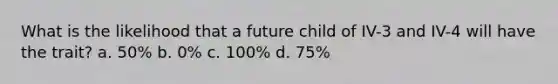 What is the likelihood that a future child of IV-3 and IV-4 will have the trait? a. 50% b. 0% c. 100% d. 75%