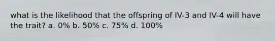 what is the likelihood that the offspring of IV-3 and IV-4 will have the trait? a. 0% b. 50% c. 75% d. 100%