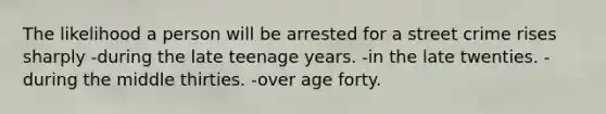 The likelihood a person will be arrested for a street crime rises sharply -during the late teenage years. -in the late twenties. -during the middle thirties. -over age forty.