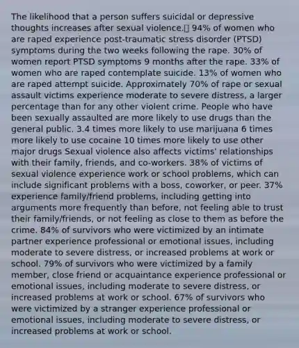 The likelihood that a person suffers suicidal or depressive thoughts increases after sexual violence. 94% of women who are raped experience post-traumatic stress disorder (PTSD) symptoms during the two weeks following the rape. 30% of women report PTSD symptoms 9 months after the rape. 33% of women who are raped contemplate suicide. 13% of women who are raped attempt suicide. Approximately 70% of rape or sexual assault victims experience moderate to severe distress, a larger percentage than for any other violent crime. People who have been sexually assaulted are more likely to use drugs than the general public. 3.4 times more likely to use marijuana 6 times more likely to use cocaine 10 times more likely to use other major drugs Sexual violence also affects victims' relationships with their family, friends, and co-workers. 38% of victims of sexual violence experience work or school problems, which can include significant problems with a boss, coworker, or peer. 37% experience family/friend problems, including getting into arguments more frequently than before, not feeling able to trust their family/friends, or not feeling as close to them as before the crime. 84% of survivors who were victimized by an intimate partner experience professional or emotional issues, including moderate to severe distress, or increased problems at work or school. 79% of survivors who were victimized by a family member, close friend or acquaintance experience professional or emotional issues, including moderate to severe distress, or increased problems at work or school. 67% of survivors who were victimized by a stranger experience professional or emotional issues, including moderate to severe distress, or increased problems at work or school.