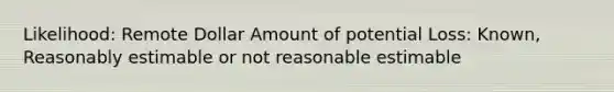 Likelihood: Remote Dollar Amount of potential Loss: Known, Reasonably estimable or not reasonable estimable