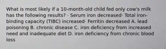 What is most likely if a 10-month-old child fed only cow's milk has the following results? · Serum iron decreased· Total iron-binding capacity (TIBC) increased· Ferritin decreased A. lead poisoning B. chronic disease C. iron deficiency from increased need and inadequate diet D. iron deficiency from chronic blood loss