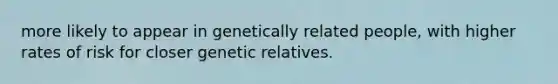 more likely to appear in genetically related people, with higher rates of risk for closer genetic relatives.