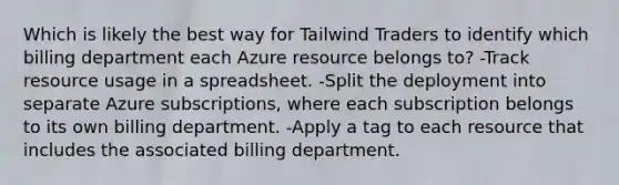 Which is likely the best way for Tailwind Traders to identify which billing department each Azure resource belongs to? -Track resource usage in a spreadsheet. -Split the deployment into separate Azure subscriptions, where each subscription belongs to its own billing department. -Apply a tag to each resource that includes the associated billing department.