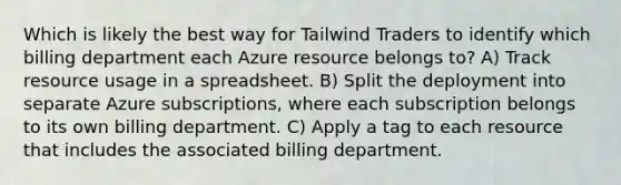 Which is likely the best way for Tailwind Traders to identify which billing department each Azure resource belongs to? A) Track resource usage in a spreadsheet. B) Split the deployment into separate Azure subscriptions, where each subscription belongs to its own billing department. C) Apply a tag to each resource that includes the associated billing department.