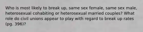 Who is most likely to break up, same sex female, same sex male, heterosexual cohabiting or heterosexual married couples? What role do civil unions appear to play with regard to break up rates (pg. 396)?