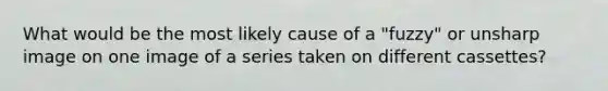 What would be the most likely cause of a "fuzzy" or unsharp image on one image of a series taken on different cassettes?