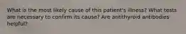 What is the most likely cause of this patient's illness? What tests are necessary to confirm its cause? Are antithyroid antibodies helpful?