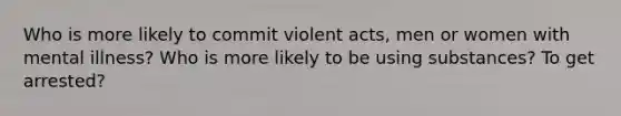 Who is more likely to commit violent acts, men or women with mental illness? Who is more likely to be using substances? To get arrested?