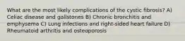 What are the most likely complications of the cystic fibrosis? A) Celiac disease and gallstones B) Chronic bronchitis and emphysema C) Lung infections and right-sided heart failure D) Rheumatoid arthritis and osteoporosis