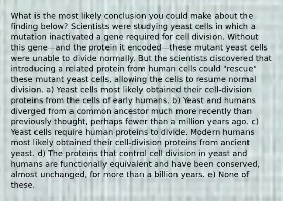 What is the most likely conclusion you could make about the finding below? Scientists were studying yeast cells in which a mutation inactivated a gene required for cell division. Without this gene—and the protein it encoded—these mutant yeast cells were unable to divide normally. But the scientists discovered that introducing a related protein from human cells could "rescue" these mutant yeast cells, allowing the cells to resume normal division. a) Yeast cells most likely obtained their cell-division proteins from the cells of early humans. b) Yeast and humans diverged from a common ancestor much more recently than previously thought, perhaps fewer than a million years ago. c) Yeast cells require human proteins to divide. Modern humans most likely obtained their cell-division proteins from ancient yeast. d) The proteins that control cell division in yeast and humans are functionally equivalent and have been conserved, almost unchanged, for more than a billion years. e) None of these.