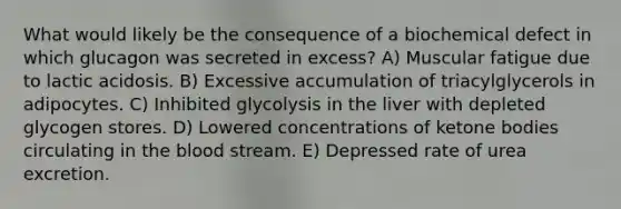 What would likely be the consequence of a biochemical defect in which glucagon was secreted in excess? A) Muscular fatigue due to lactic acidosis. B) Excessive accumulation of triacylglycerols in adipocytes. C) Inhibited glycolysis in the liver with depleted glycogen stores. D) Lowered concentrations of ketone bodies circulating in the blood stream. E) Depressed rate of urea excretion.