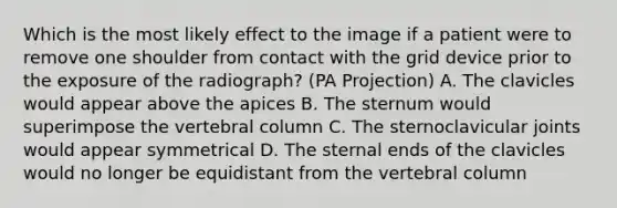 Which is the most likely effect to the image if a patient were to remove one shoulder from contact with the grid device prior to the exposure of the radiograph? (PA Projection) A. The clavicles would appear above the apices B. The sternum would superimpose the vertebral column C. The sternoclavicular joints would appear symmetrical D. The sternal ends of the clavicles would no longer be equidistant from the vertebral column