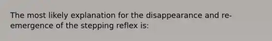 The most likely explanation for the disappearance and re-emergence of the stepping reflex is: