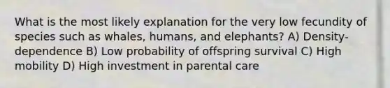 What is the most likely explanation for the very low fecundity of species such as whales, humans, and elephants? A) Density-dependence B) Low probability of offspring survival C) High mobility D) High investment in parental care