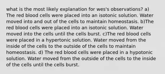 what is the most likely explanation for wes's observations? a) The red blood cells were placed into an isotonic solution. Water moved into and out of the cells to maintain homeostasis. b)The red blood cells were placed into an isotonic solution. Water moved into the cells until the cells burst. c)The red blood cells were placed in a hypertonic solution. Water moved from the inside of the cells to the outside of the cells to maintain homeostasis. d) The red blood cells were placed in a hypotonic solution. Water moved from the outside of the cells to the inside of the cells until the cells burst.