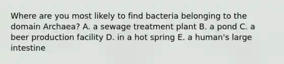 Where are you most likely to find bacteria belonging to the domain Archaea? A. a sewage treatment plant B. a pond C. a beer production facility D. in a hot spring E. a human's large intestine