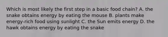 Which is most likely the first step in a basic food chain? A. the snake obtains energy by eating the mouse B. plants make energy-rich food using sunlight C. the Sun emits energy D. the hawk obtains energy by eating the snake