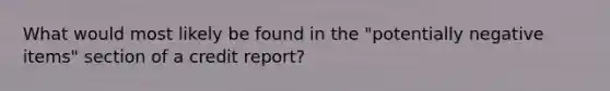 What would most likely be found in the "potentially negative items" section of a credit report?