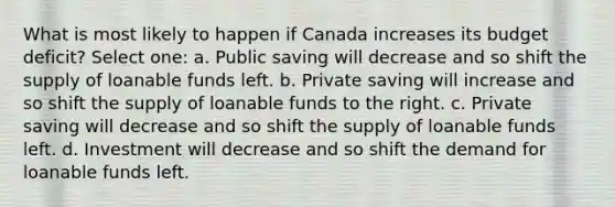 What is most likely to happen if Canada increases its budget deficit? Select one: a. Public saving will decrease and so shift the supply of loanable funds left. b. Private saving will increase and so shift the supply of loanable funds to the right. c. Private saving will decrease and so shift the supply of loanable funds left. d. Investment will decrease and so shift the demand for loanable funds left.