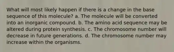 What will most likely happen if there is a change in the base sequence of this molecule? a. The molecule will be converted into an inorganic compound. b. The amino acid sequence may be altered during protein synthesis. c. The chromosome number will decrease in future generations. d. The chromosome number may increase within the organisms.