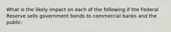 What is the likely impact on each of the following if the Federal Reserve sells government bonds to commercial banks and the public: