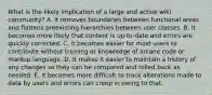 What is the likely implication of a large and active wiki community? A. It removes boundaries between functional areas and flattens preexisting hierarchies between user classes. B. It becomes more likely that content is up-to-date and errors are quickly corrected. C. It becomes easier for most users to contribute without training or knowledge of arcane code or markup language. D. It makes it easier to maintain a history of any changes so they can be compared and rolled back as needed. E. It becomes more difficult to track alterations made to data by users and errors can creep in owing to that.