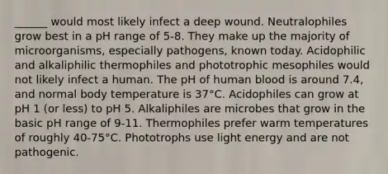 ______ would most likely infect a deep wound. Neutralophiles grow best in a pH range of 5-8. They make up the majority of microorganisms, especially pathogens, known today. Acidophilic and alkaliphilic thermophiles and phototrophic mesophiles would not likely infect a human. The pH of human blood is around 7.4, and normal body temperature is 37°C. Acidophiles can grow at pH 1 (or less) to pH 5. Alkaliphiles are microbes that grow in the basic pH range of 9-11. Thermophiles prefer warm temperatures of roughly 40-75°C. Phototrophs use light energy and are not pathogenic.