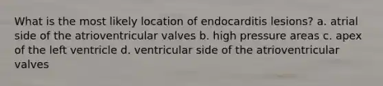 What is the most likely location of endocarditis lesions? a. atrial side of the atrioventricular valves b. high pressure areas c. apex of the left ventricle d. ventricular side of the atrioventricular valves