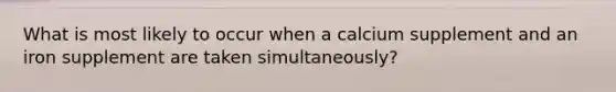 What is most likely to occur when a calcium supplement and an iron supplement are taken simultaneously?​