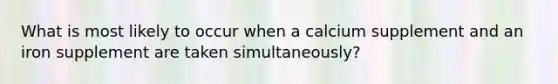 What is most likely to occur when a calcium supplement and an iron supplement are taken simultaneously?