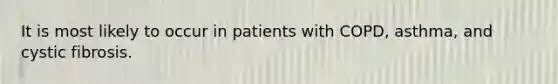 It is most likely to occur in patients with COPD, asthma, and cystic fibrosis.