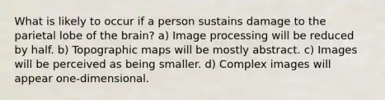 What is likely to occur if a person sustains damage to the parietal lobe of the brain? a) Image processing will be reduced by half. b) Topographic maps will be mostly abstract. c) Images will be perceived as being smaller. d) Complex images will appear one-dimensional.