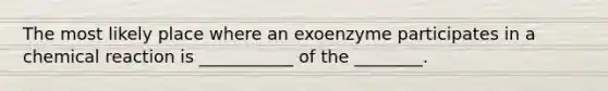 The most likely place where an exoenzyme participates in a chemical reaction is ___________ of the ________.