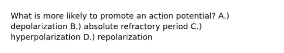 What is more likely to promote an action potential? A.) depolarization B.) absolute refractory period C.) hyperpolarization D.) repolarization