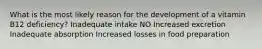 What is the most likely reason for the development of a vitamin B12 deficiency? Inadequate intake NO Increased excretion Inadequate absorption Increased losses in food preparation