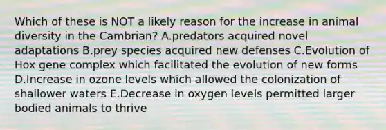 Which of these is NOT a likely reason for the increase in animal diversity in the Cambrian? A.predators acquired novel adaptations B.prey species acquired new defenses C.Evolution of Hox gene complex which facilitated the evolution of new forms D.Increase in ozone levels which allowed the colonization of shallower waters E.Decrease in oxygen levels permitted larger bodied animals to thrive