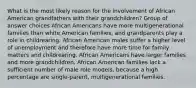 What is the most likely reason for the involvement of African American grandfathers with their grandchildren? Group of answer choices African Americans have more multigenerational families than white American families, and grandparents play a role in childrearing. African American males suffer a higher level of unemployment and therefore have more time for family matters and childrearing. African Americans have larger families and more grandchildren. African American families lack a sufficient number of male role models, because a high percentage are single-parent, multigenerational families.