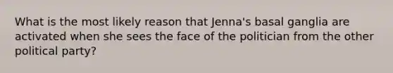 What is the most likely reason that Jenna's basal ganglia are activated when she sees the face of the politician from the other political party?