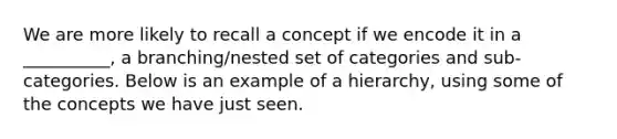 We are more likely to recall a concept if we encode it in a __________, a branching/nested set of categories and sub-categories. Below is an example of a hierarchy, using some of the concepts we have just seen.