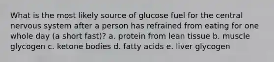 What is the most likely source of glucose fuel for the central nervous system after a person has refrained from eating for one whole day (a short fast)? a. protein from lean tissue b. muscle glycogen c. ketone bodies d. fatty acids e. liver glycogen