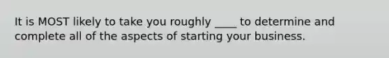 It is MOST likely to take you roughly ____ to determine and complete all of the aspects of starting your business.