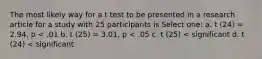 The most likely way for a t test to be presented in a research article for a study with 25 participants is Select one: a. t (24) = 2.94, p < .01 b. t (25) = 3.01, p < .05 c. t (25) < significant d. t (24) < significant